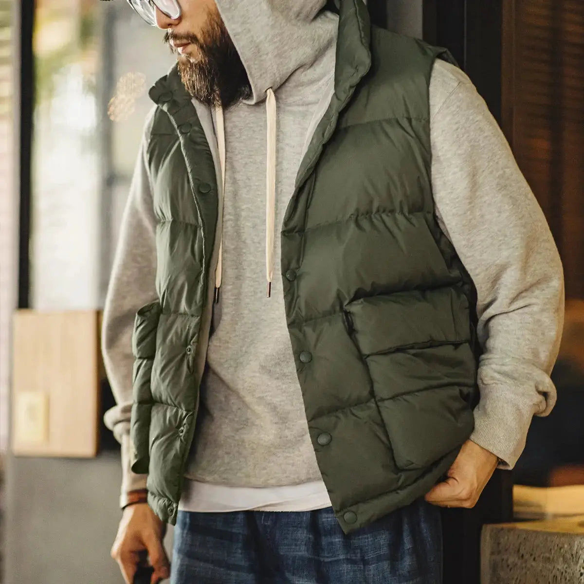 Maden men's olive green down vest with white duck down filling and large double side pockets