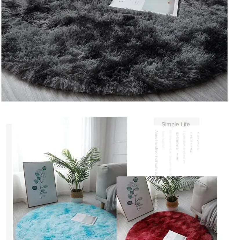 Three plush round rug mats in gray, blue, and red with fluffy pile for living room and bedroom decor
