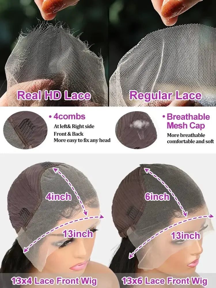 MissBlue Raw 200 Density Indian Hair 32 34 Inch 13x6 HD Lace Front Wig Bone Straight Glueless Closure