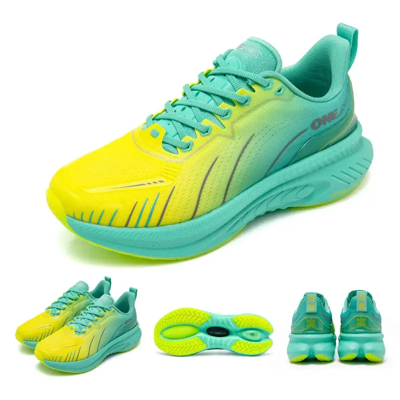 ONEMIX running shoes by Simples Market; teal and yellow gradient mesh upper with aqua sole