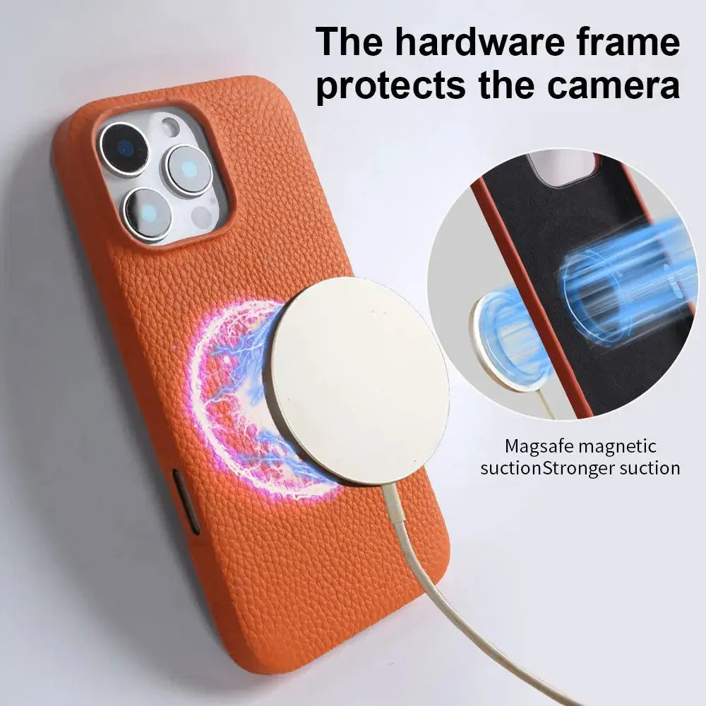 Genuine leather MagSafe phone case for iPhone 16 Pro Max and other models, orange full-wrap with magnetic back