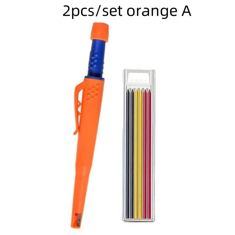 2pc set: Simples Market carpenter pencil with built-in sharpener in orange and blue grip, plus colored pencil pack