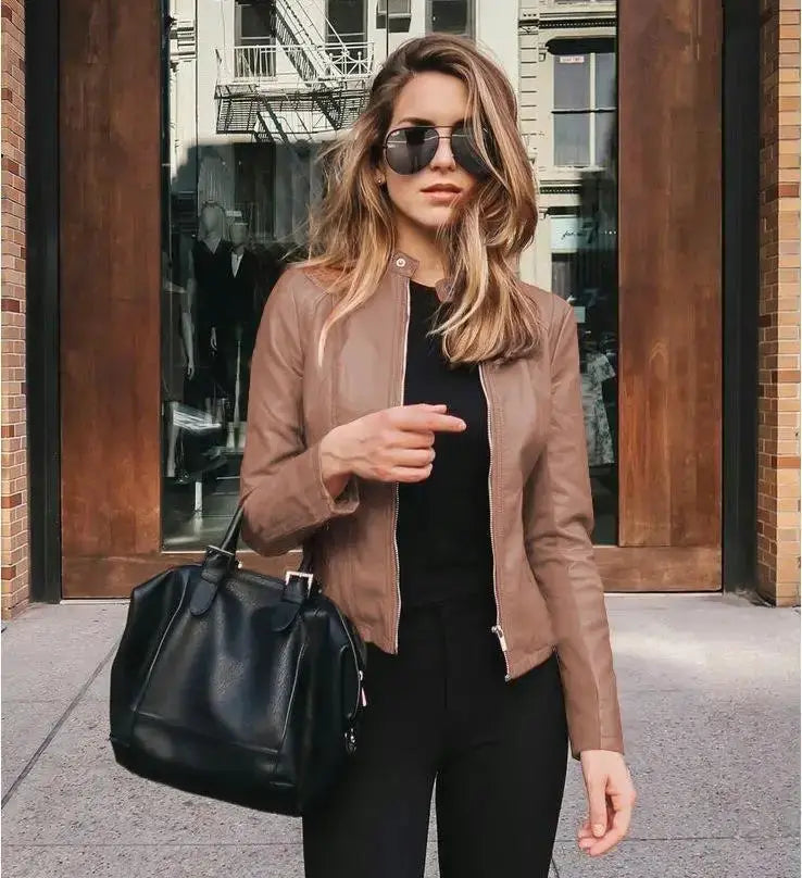UrbanEdge Women PU Leather Bike Coat With Stand Collar And Zipper Closure For Autumn Winter Warm Lightweight Outerwear