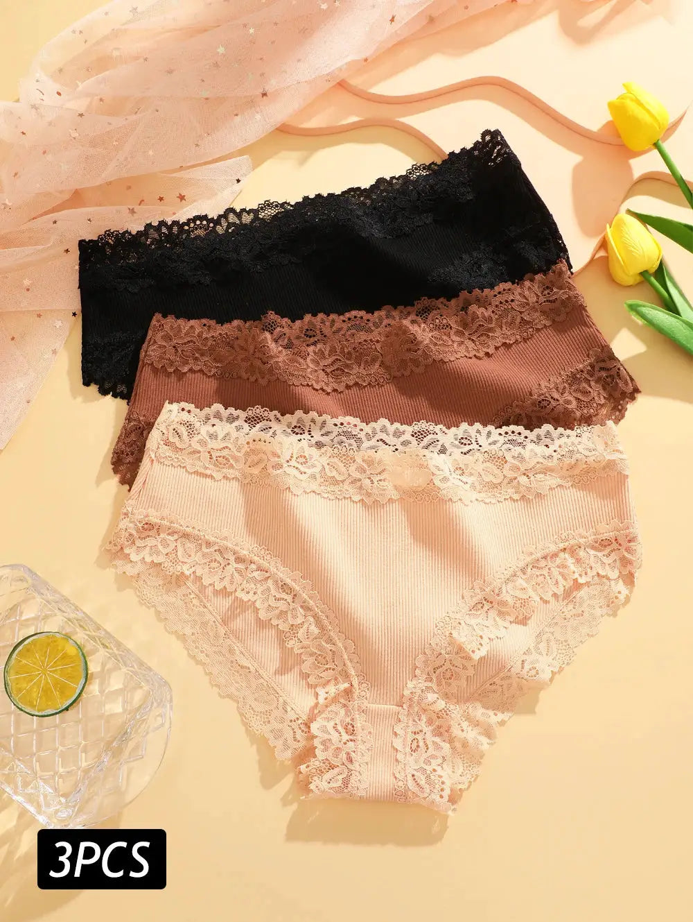 3PCS floral lace cotton panties set; Simples Market, black, brown, and beige, seamless low-rise underwear