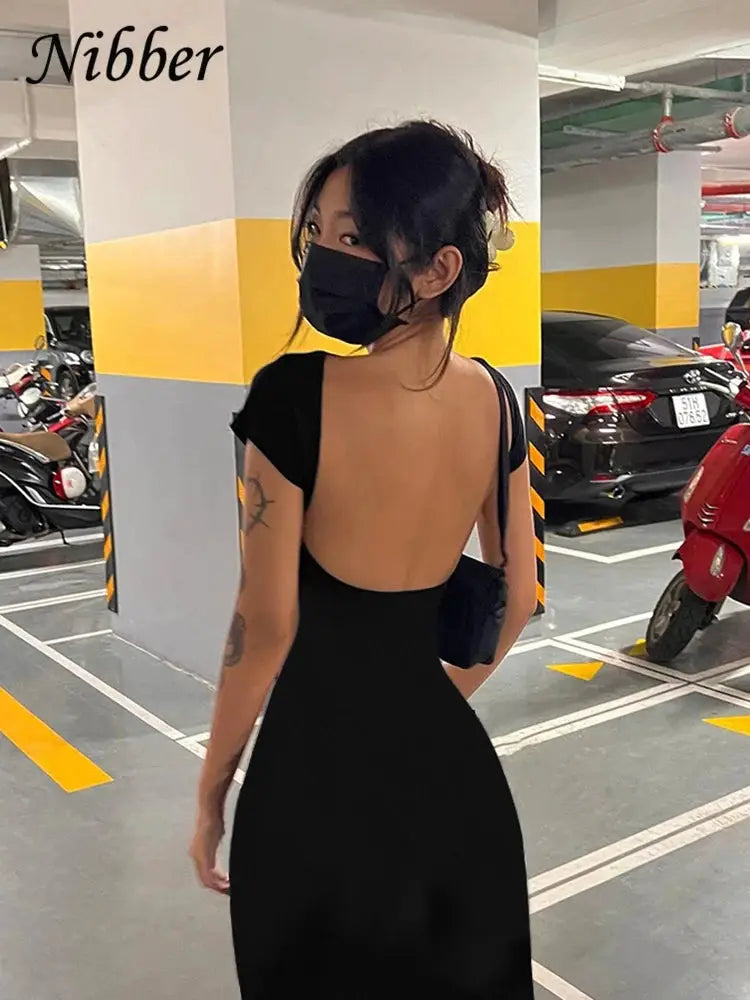 Nibber Solid Backless Maxi Dress For Women Elastic Slim Fit Sleeveless Elegant Streetwear For Spring And Summer