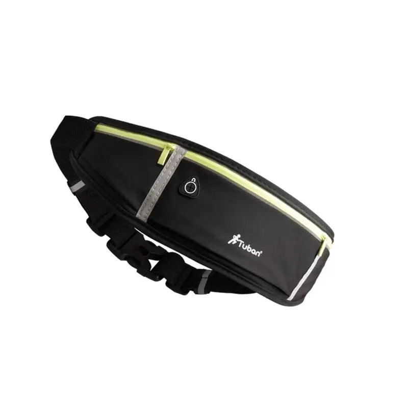 Waist pack Tuban, black waterproof running belt bag with neon lime zipper and adjustable strap