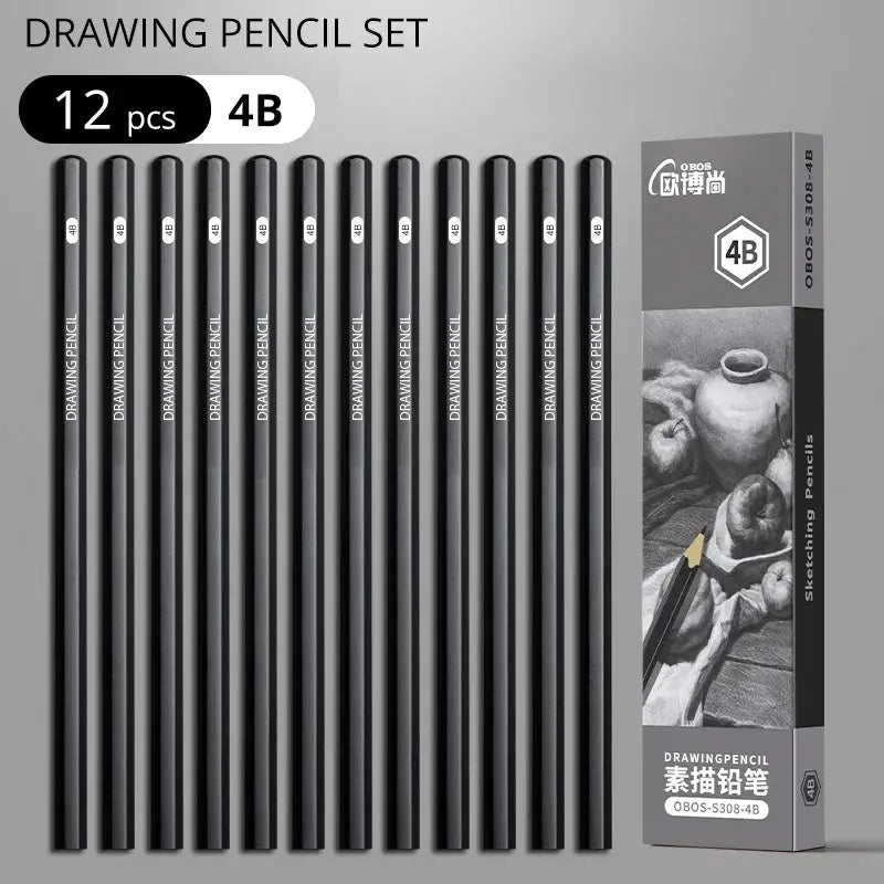 Simples Market drawing pencil set, 12 pcs 4B graphite pencils in black finish with box