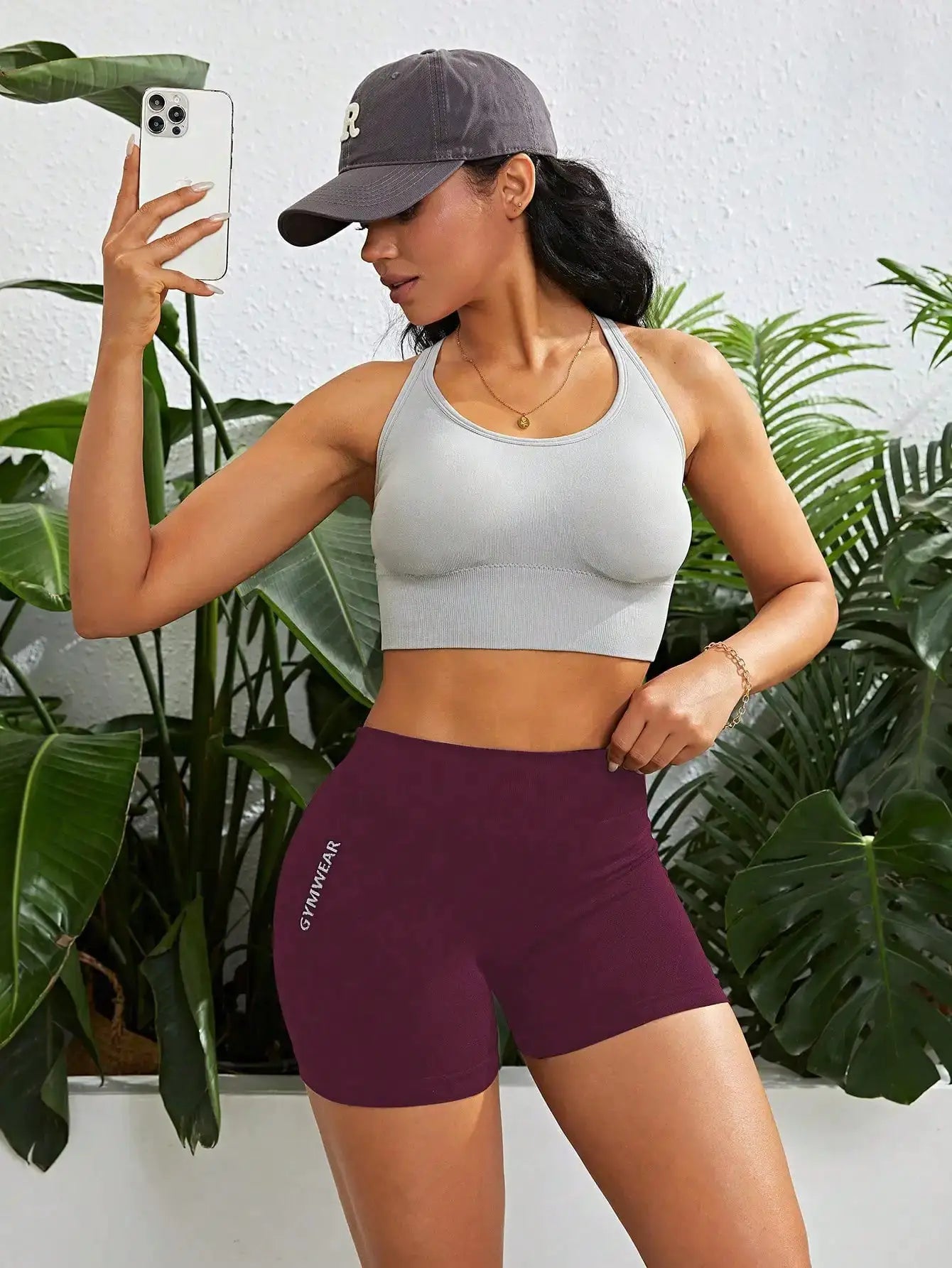 Fitness shorts female high-waist tight breathable maroon with GYMWEAR branding