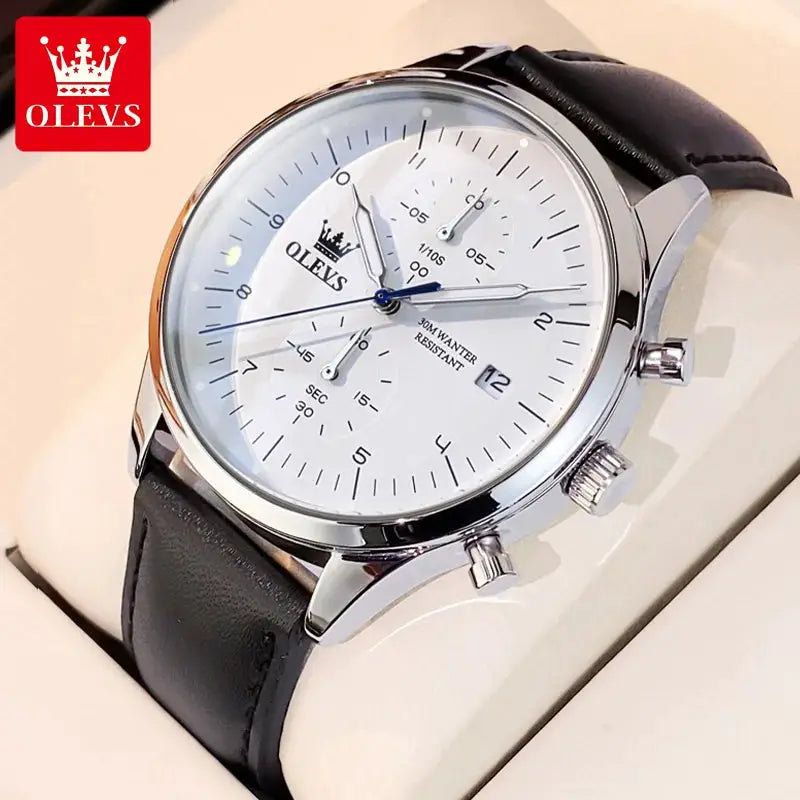 OLEVS men's wristwatch with white dial and black leather strap.