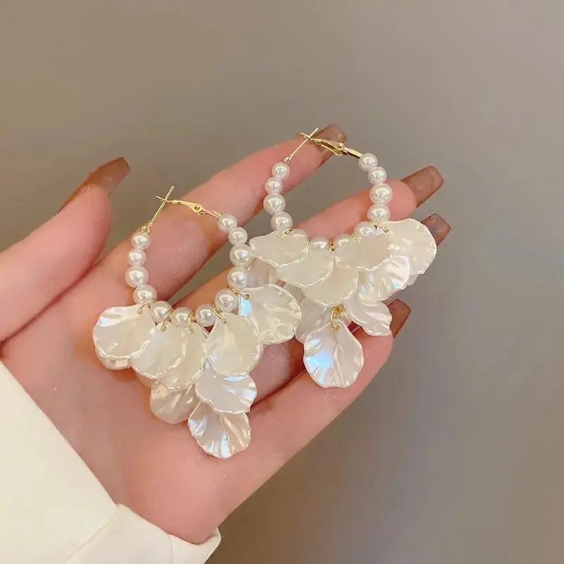 Pair of Simples Market glossy shell flower pendant pearl earrings with pearl hoop and shell petals