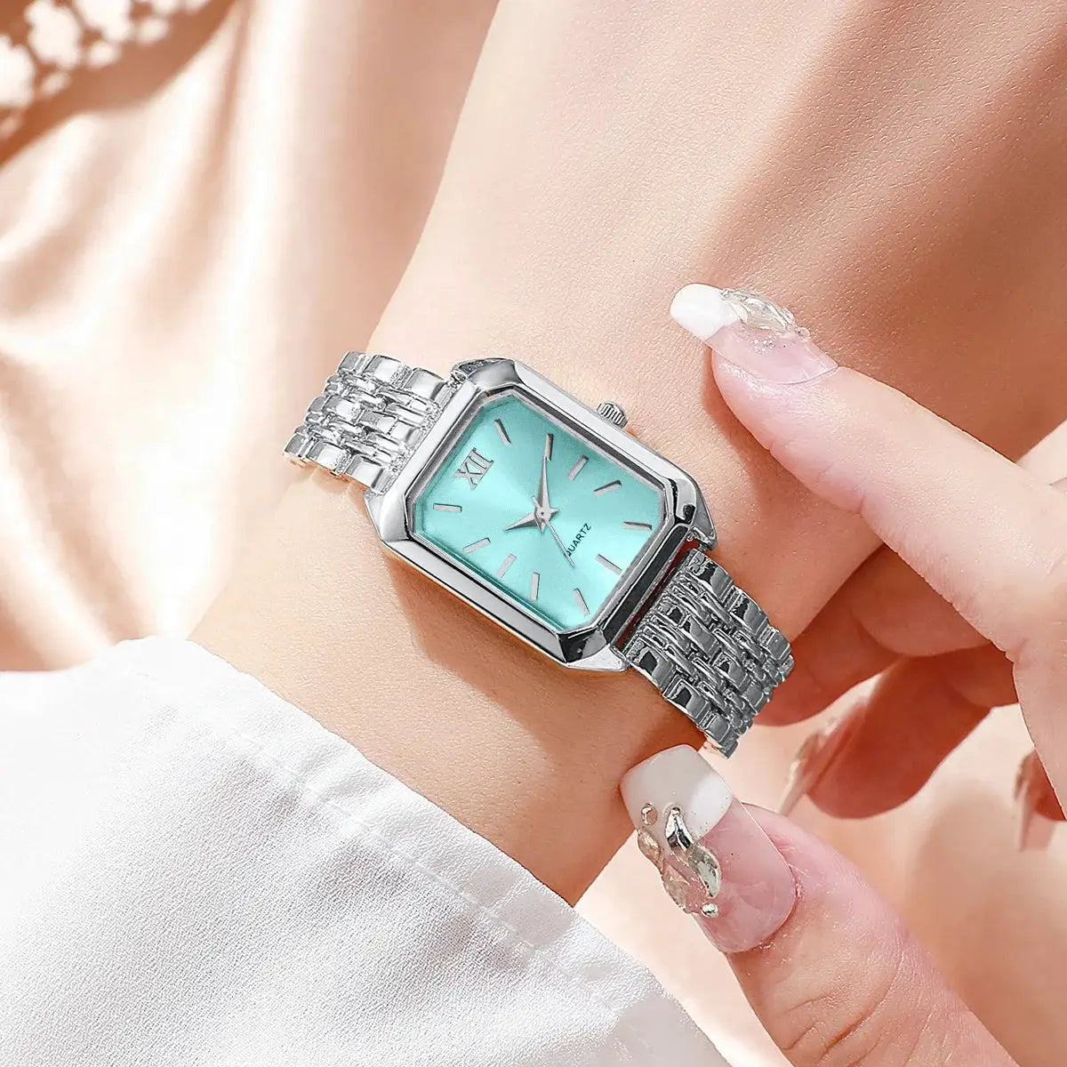 Rectangular women's quartz watch set, Simples Market, 2-piece silver-tone with turquoise Roma dial