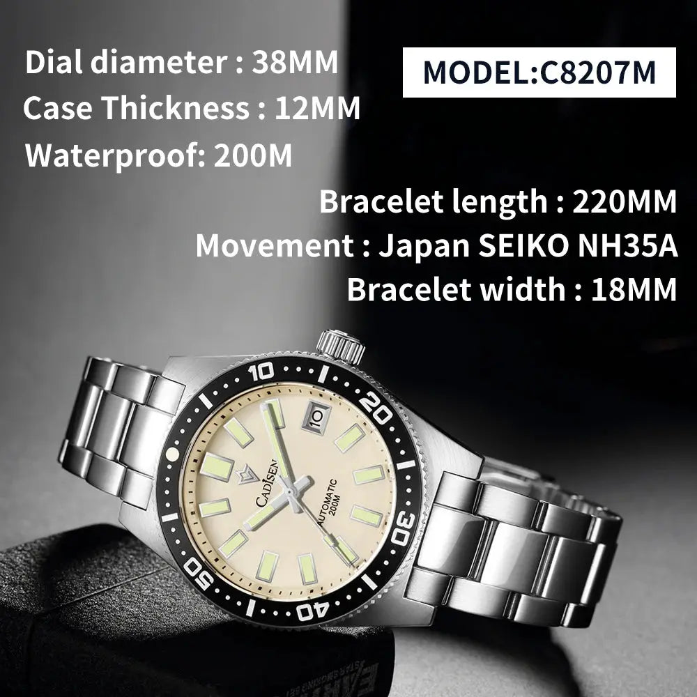 Cadisen 38mm diver watch, stainless steel bracelet, beige dial, date, sapphire glass, NH35A automatic, 100M WR
