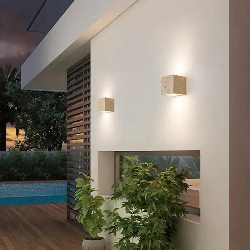 Wabi Sabi yellow marble wall lamp, LED travertine cube outdoor wall light by Simples Market (2-pack)