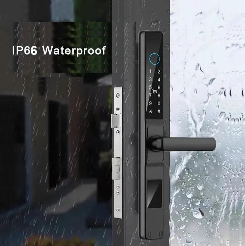 Waterproof sliding door smart lock (IP66) with black touchscreen keypad and fingerprint sensor