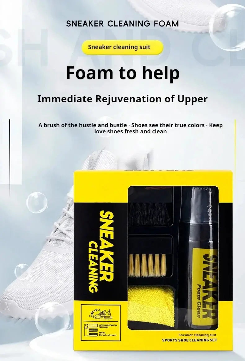 Sneaker cleaning kit in yellow and black packaging with 150ml foam cleaner, brushes and cloth for white sneakers