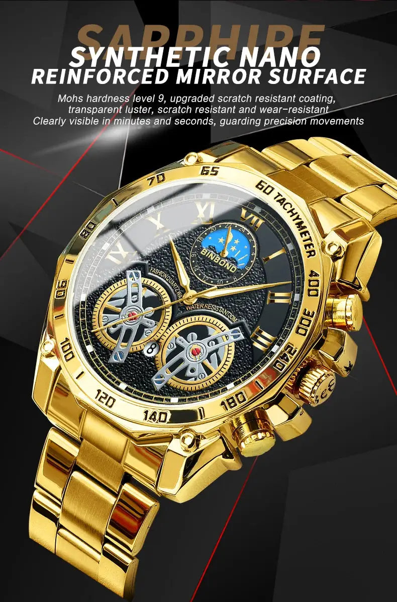 BINBOND luxury men's quartz watch with gold-tone bracelet, water resistant 30m, decorative dial and tachymeter bezel