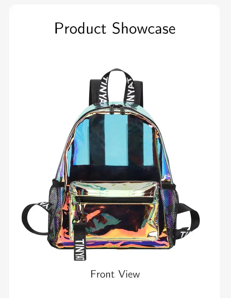TINYAT PVC clear backpack for women, iridescent finish, front zip pocket