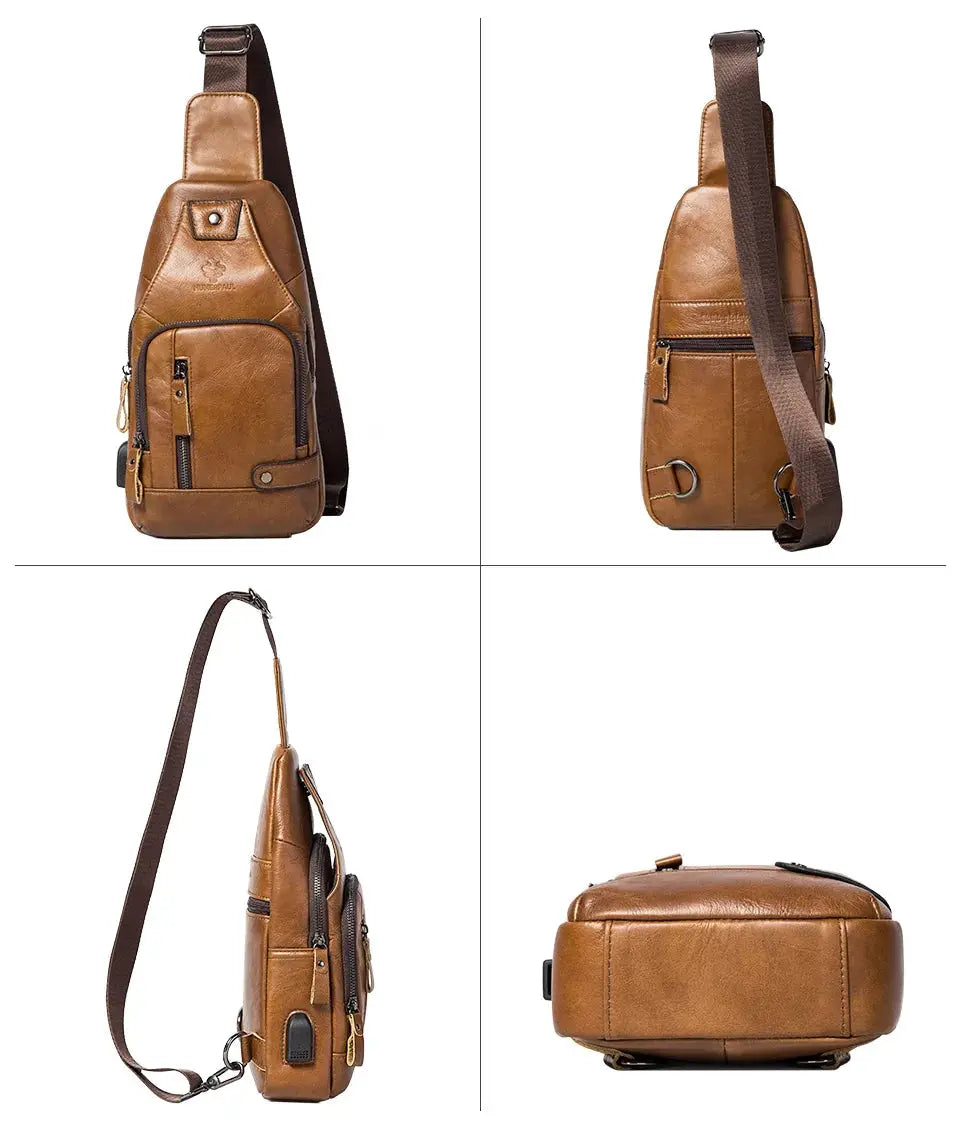 HUMERPAUL men's USB chest bag, genuine brown leather crossbody by Simples Market