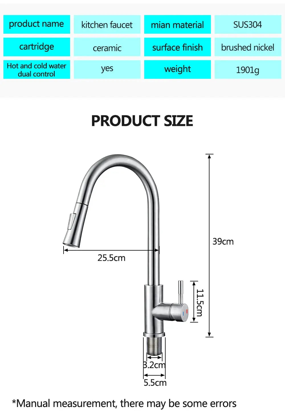 DQOK kitchen faucet with pull-out spray, brushed nickel finish, stainless steel body, touch sensor