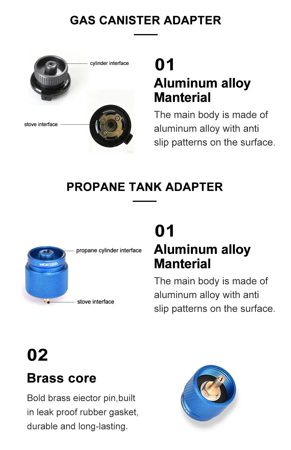 Widesea gas canister adapter and propane tank adapter set of two; aluminum alloy bodies.