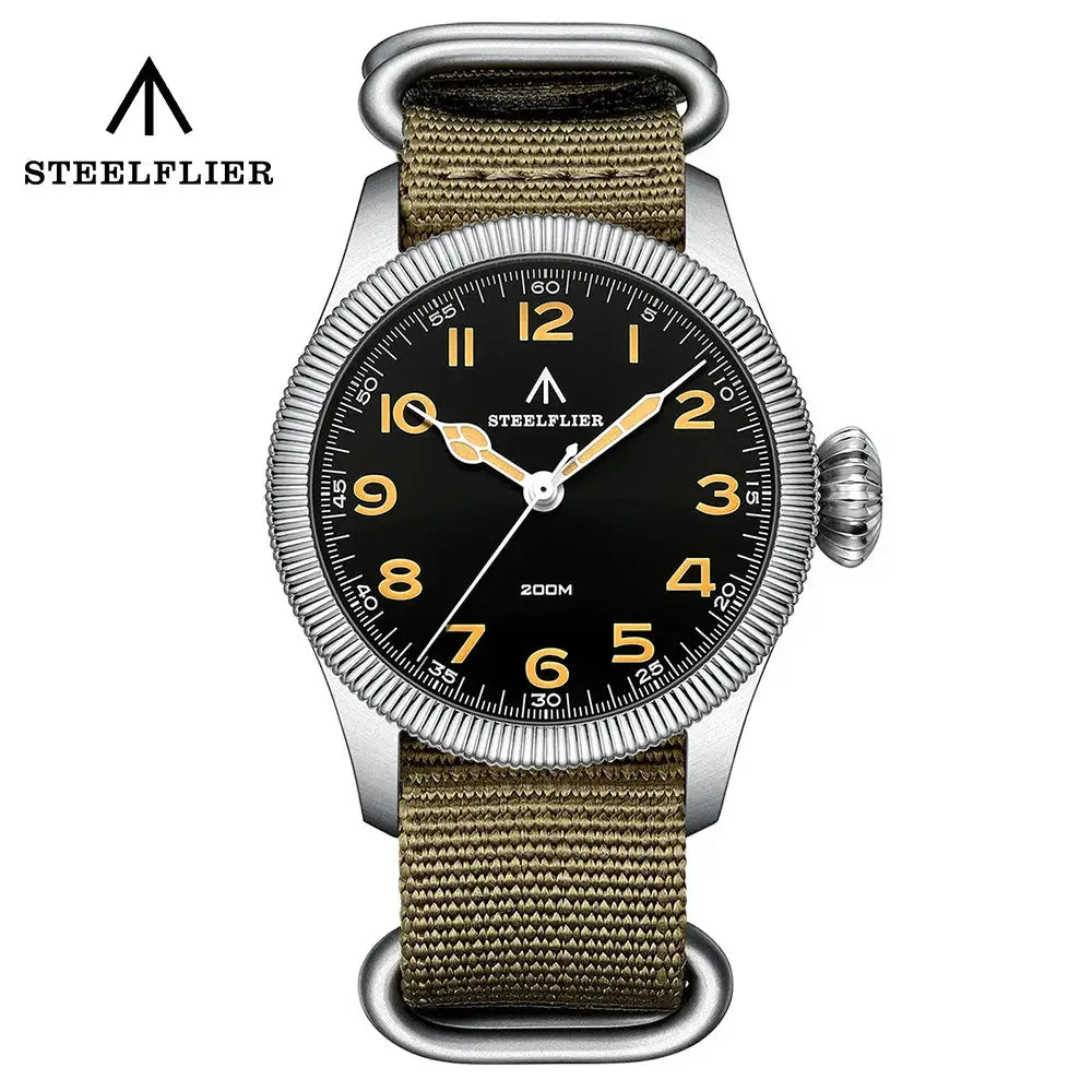 STEELFLIER SF741 wristwatch; black dial with gold numerals, khaki fabric strap, fluted bezel, 200M water resistant.