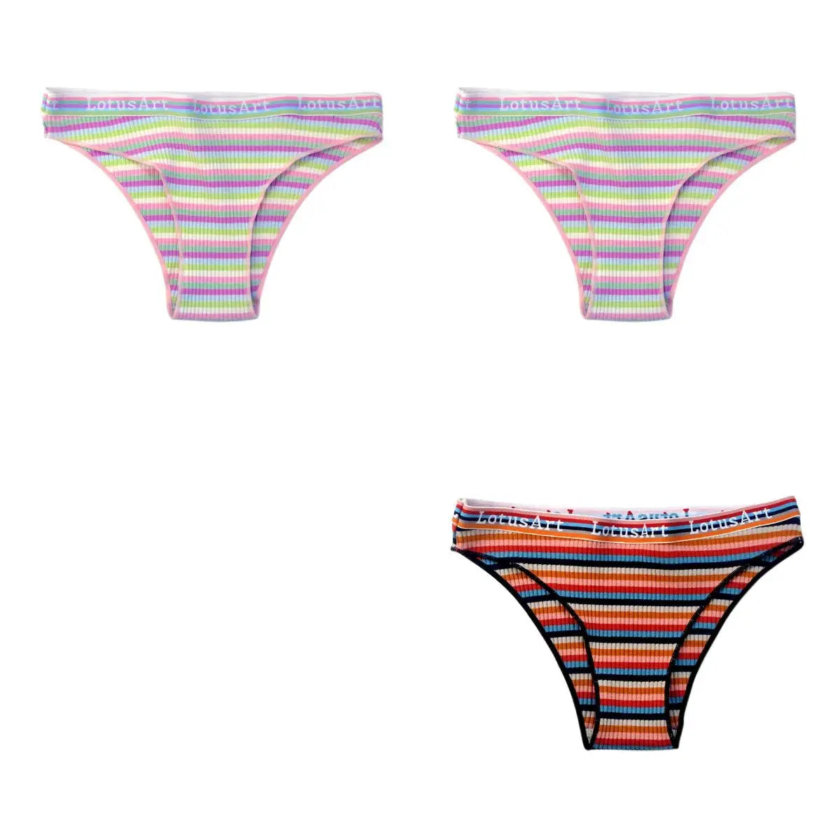 3-piece set of women’s cotton striped low-rise briefs with LotusArt waistband, colorful breathable underwear