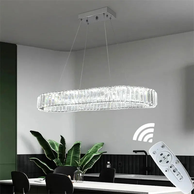 Modern crystal oval ring LED chandelier pendant light with remote control, chrome finish
