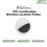 JSPTEC Airtag-style Bluetooth GPS tracker, white circular device, IPX5 waterproof, works with Apple Find My