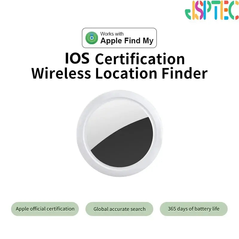 JSPTEC Airtag-style Bluetooth GPS tracker, white circular device, IPX5 waterproof, works with Apple Find My