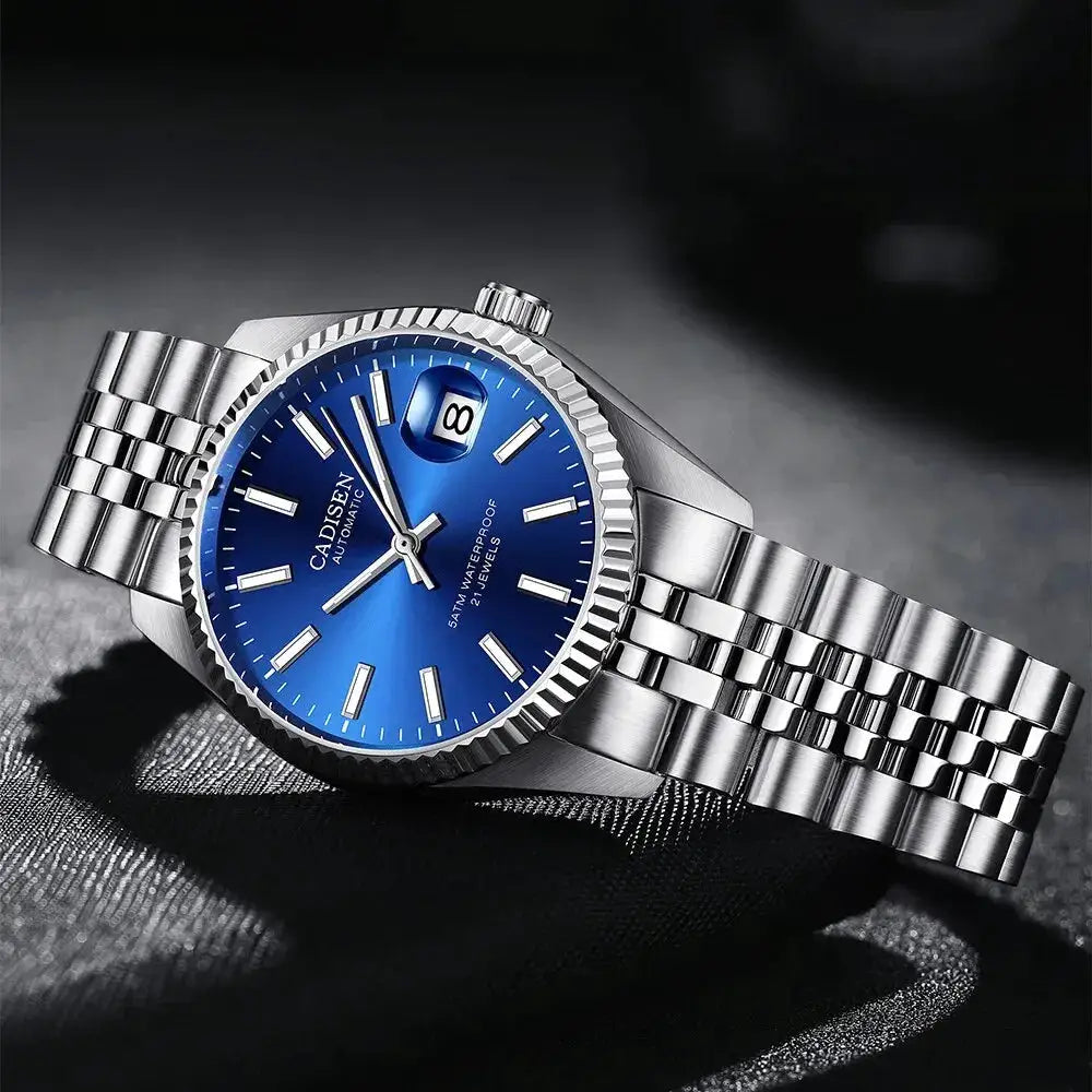 CADISEN men’s automatic mechanical watch, blue dial with date, stainless steel bracelet