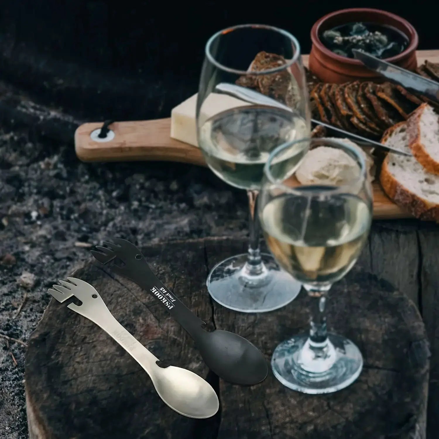 PSKOOK 5-in-1 camping multitool set by Simples Market metal fork, spoon, knife and bottle/can opener; two wine glasses