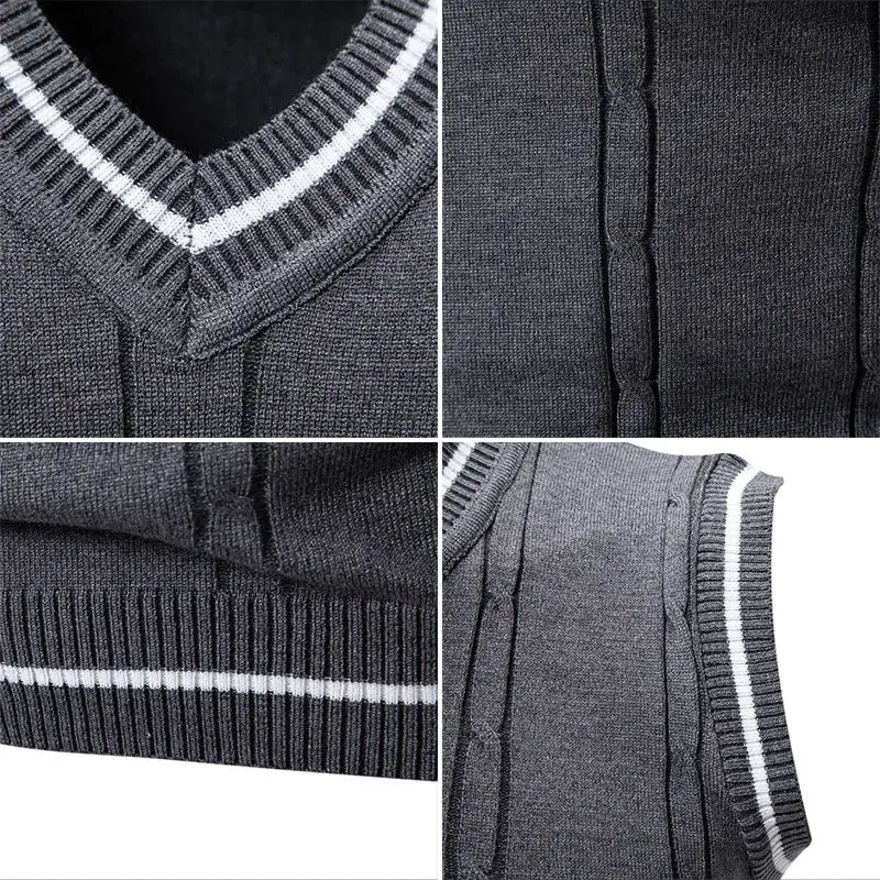 Men's knit V-neck sleeveless vest in charcoal gray with white striped ribbed trim