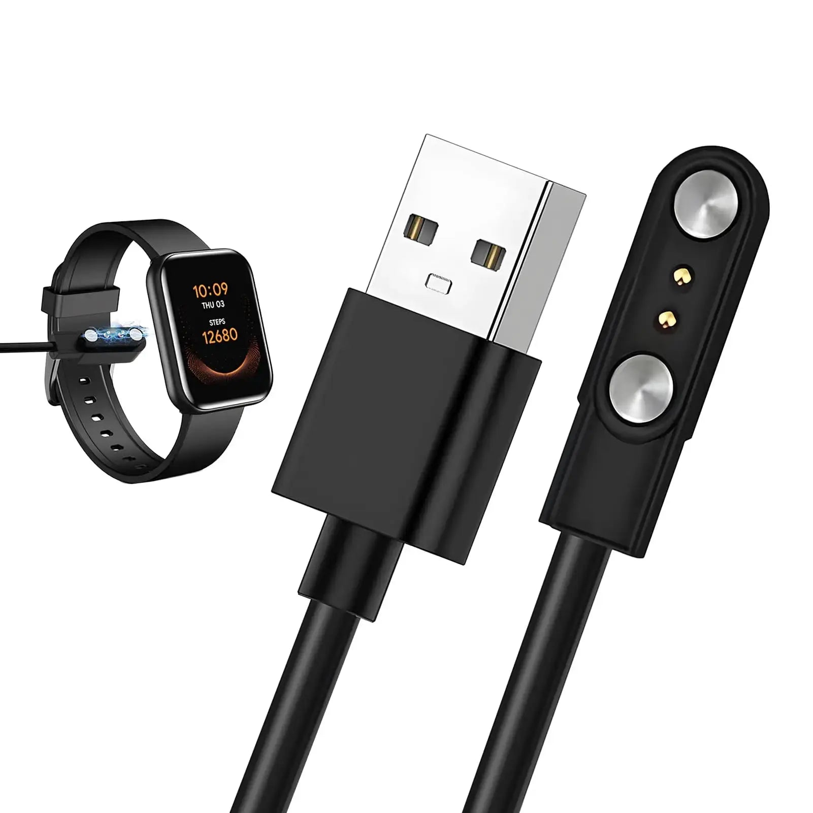 Simples Market Magnetic Charge USB charging cable for smartwatch; includes USB-A plug and 2/4-pin magnetic dock, black