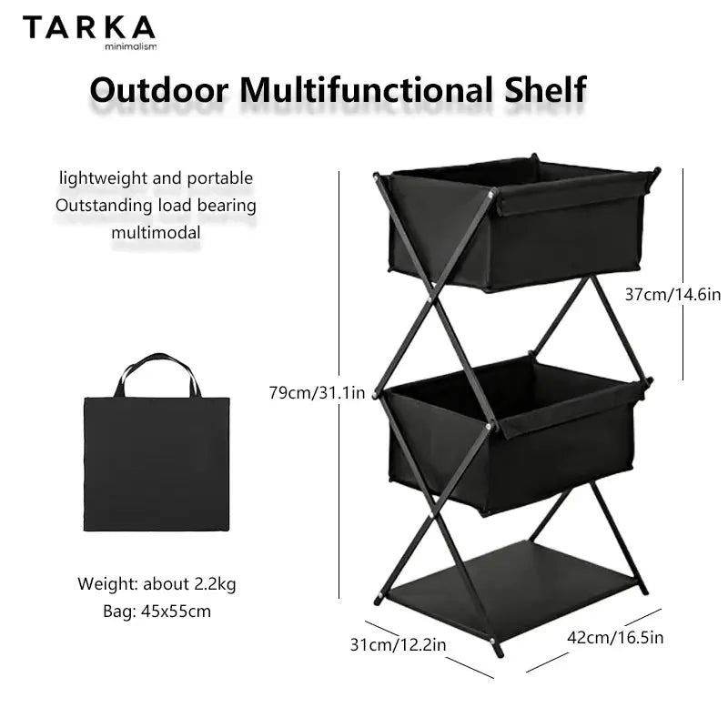 TARKA outdoor three-tier folding storage shelf and carry bag, black, Simples Market