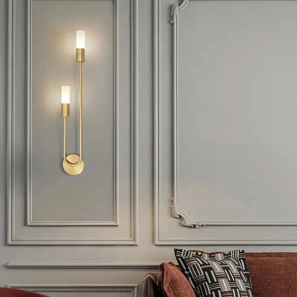 Simples Market LED wall lamp; two-light dual-brass gold finish with frosted cylindrical shades, modern Nordic style