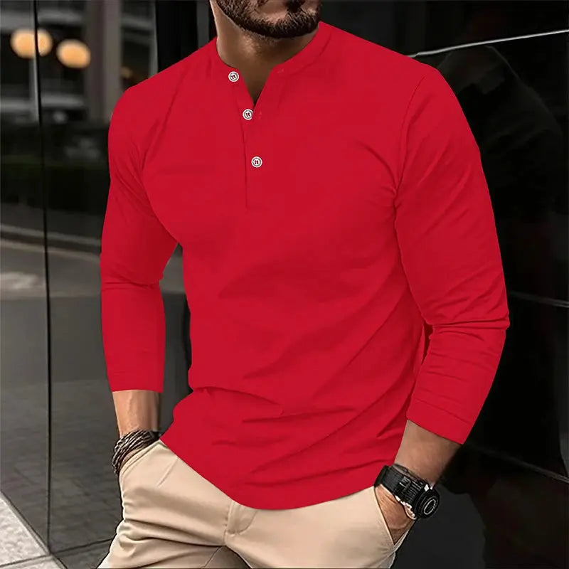 Men's red long-sleeve henley polo shirt with 3-button placket; solid breathable casual top.