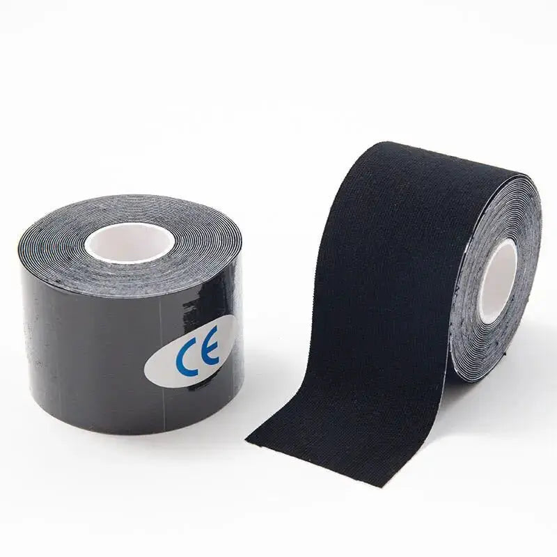 Kinesio tape rolls; black elastic sports tape and gray CE-labeled roll for athletic recovery (2 rolls).