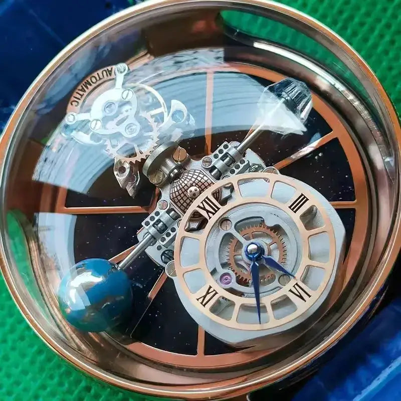 PINDU skeleton wristwatch with transparent dial and blue hands