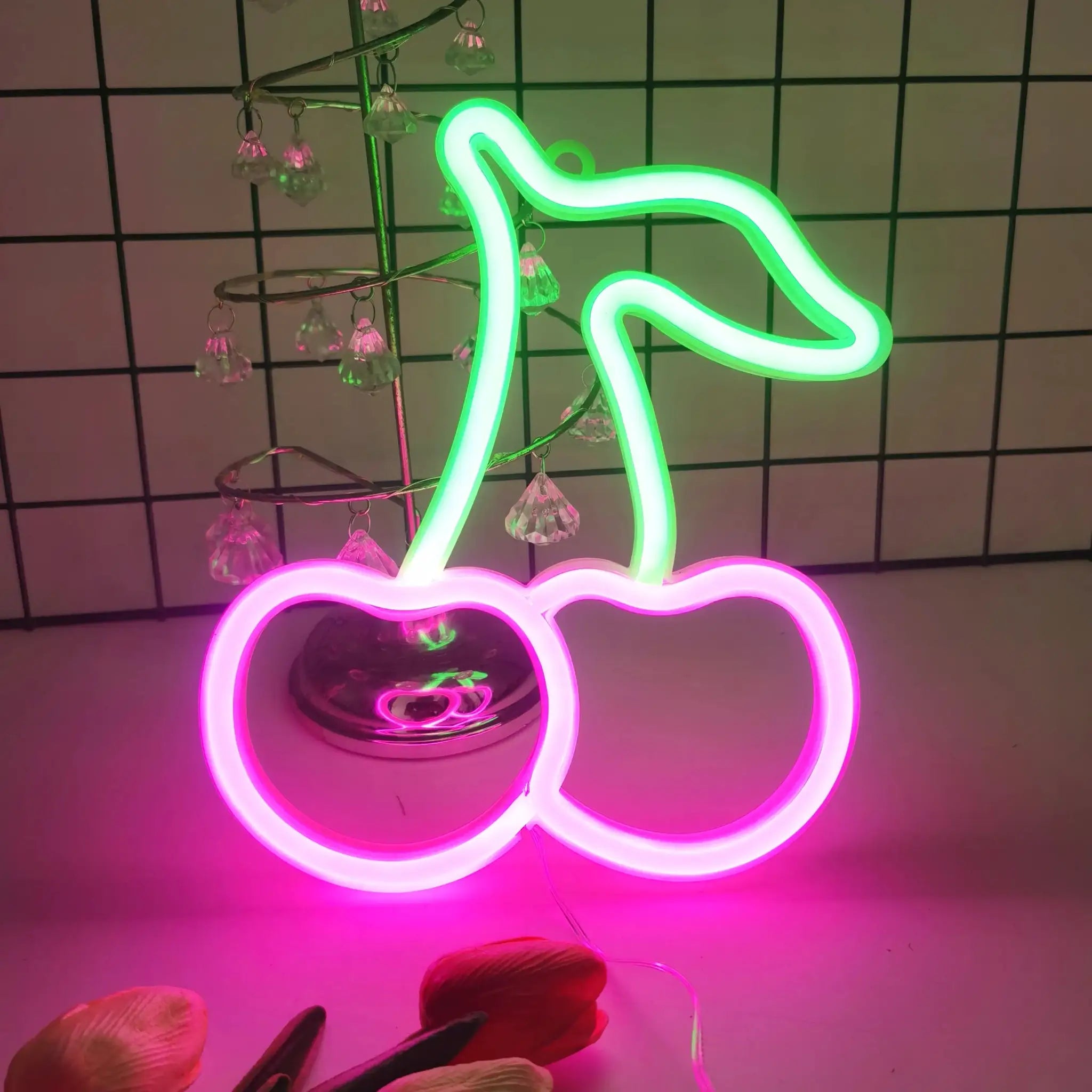 Cherry-shaped neon LED sign in pink and green, USB or battery powered decorative light
