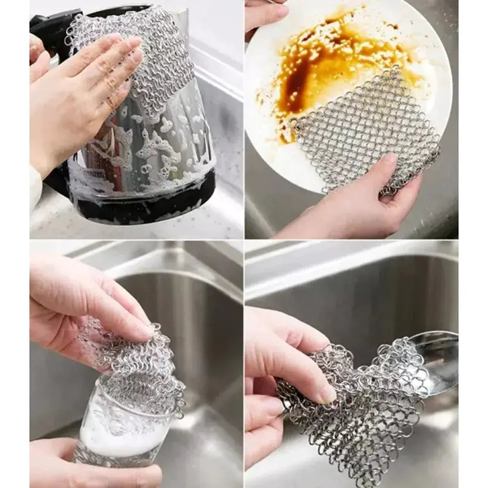 Simples Market stainless steel chain mail scrubber for cookware cleaning; versatile cast-iron and pan cleaner