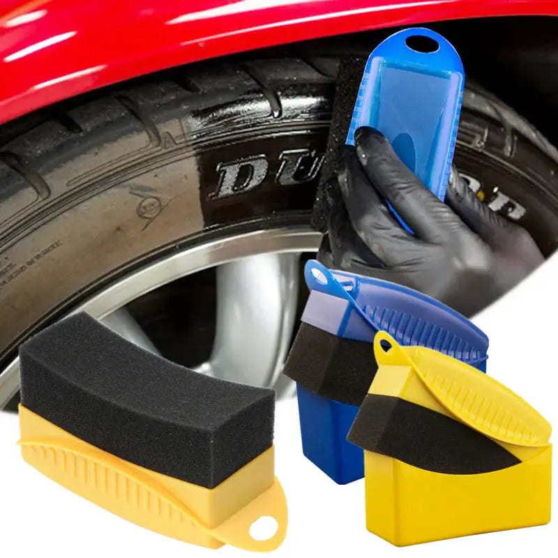 Car wheel detailing kit with yellow/blue foam applicator pads and black sponge pad, ABS plastic handles by Simples Market