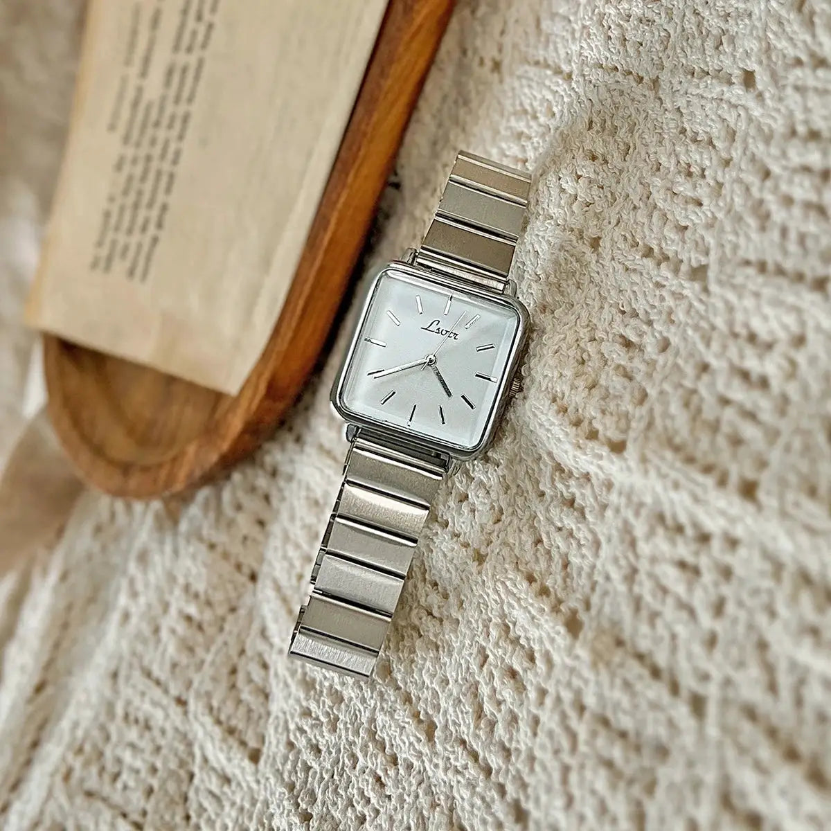 Women's square-dial stainless steel watch with silver bracelet, simple and elegant