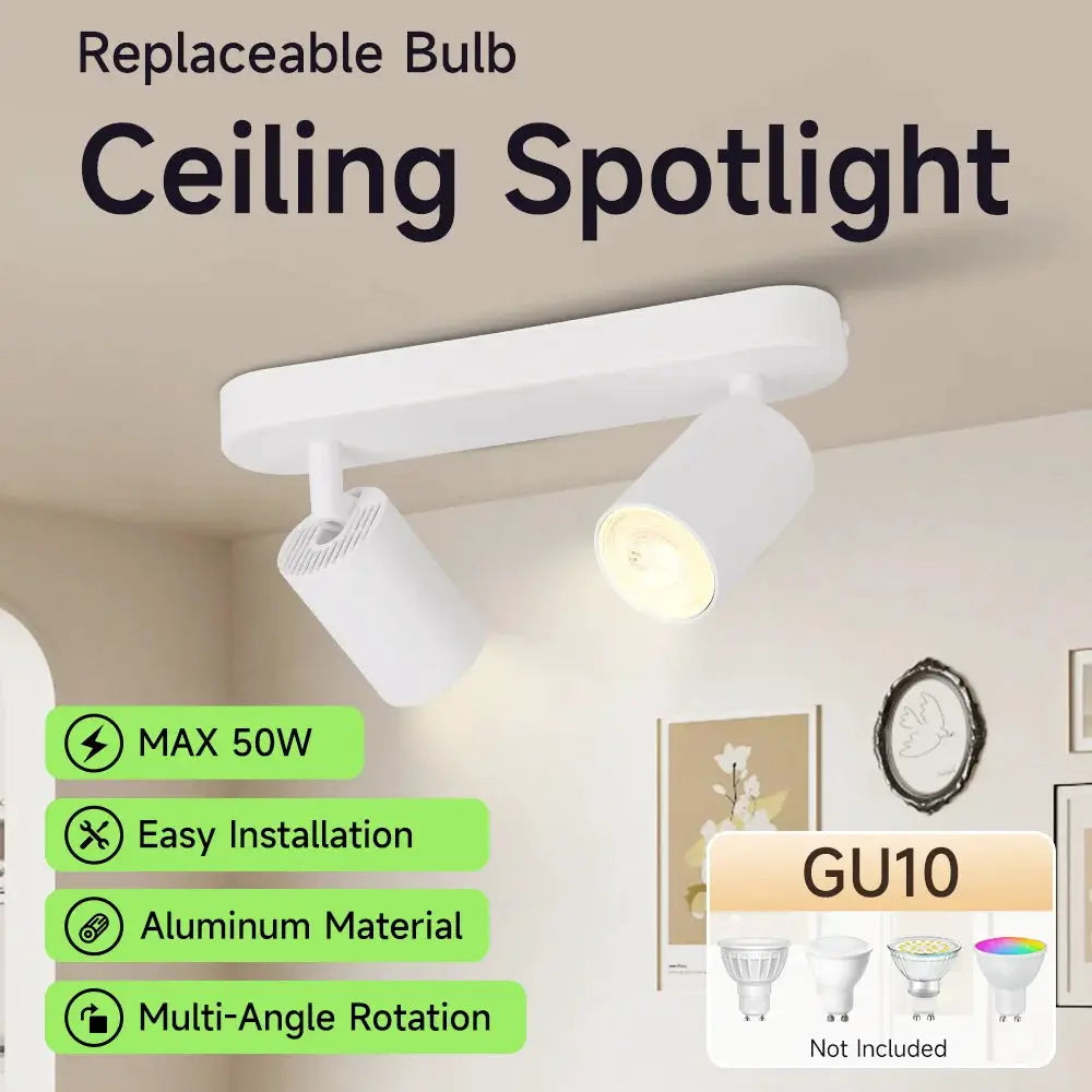 Ceiling GU10 LED spotlight fixture with two adjustable white aluminum lamps