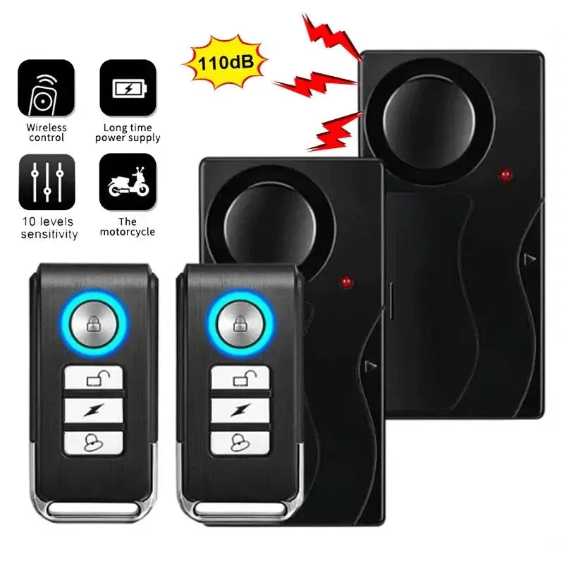 Wireless vibration alarm system for doors/windows by Simples Market, black, 110dB, with 2 remotes.