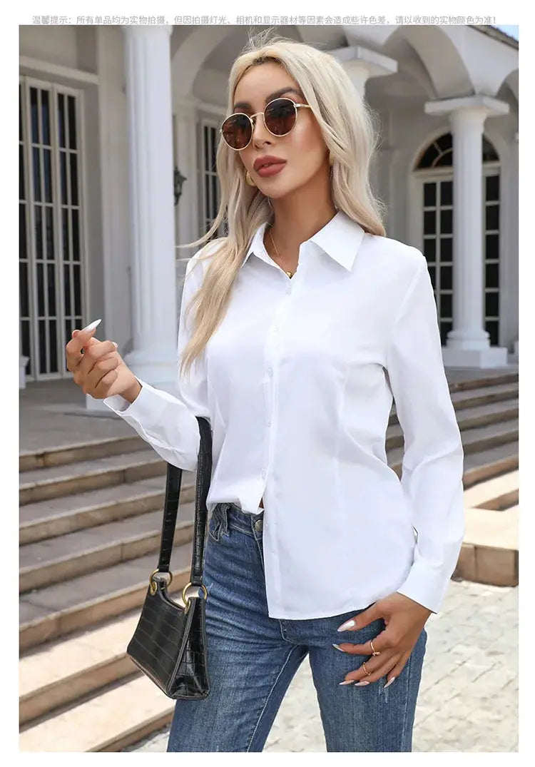 Women's solid white chiffon blouse with button-down front, long sleeves, and turn-down collar