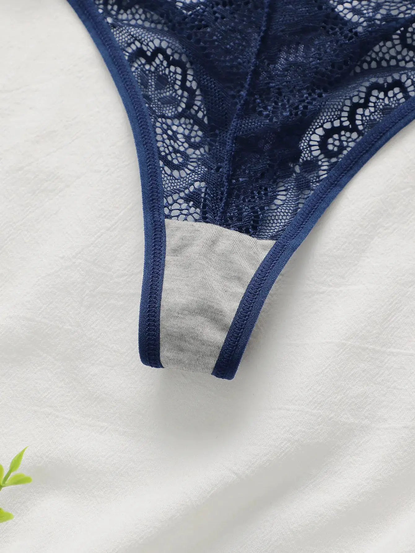 Lace thong by Simples Market, navy blue with gray gusset, lightweight lingerie