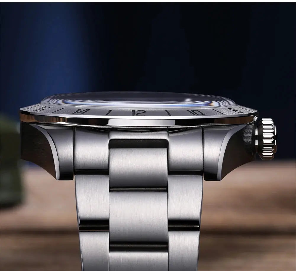 ADDIESDIVE 39mm stainless steel GMT watch with brushed bracelet and large crown.