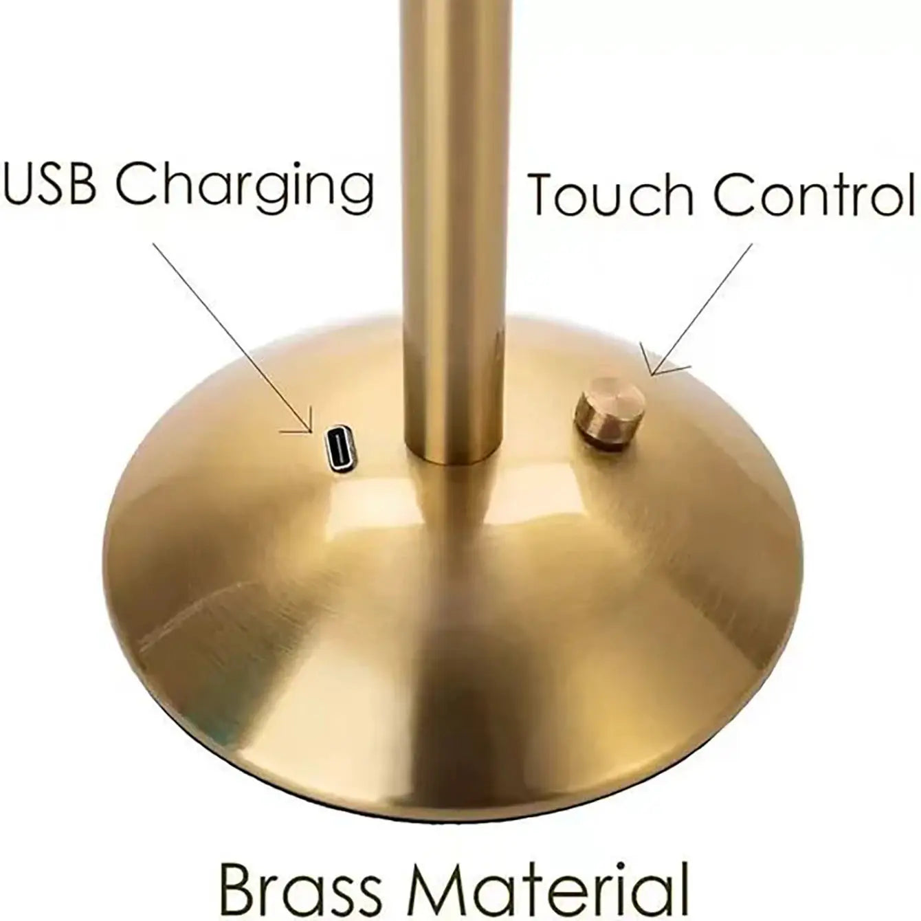 Brass table lamp with USB charging port and touch control dial