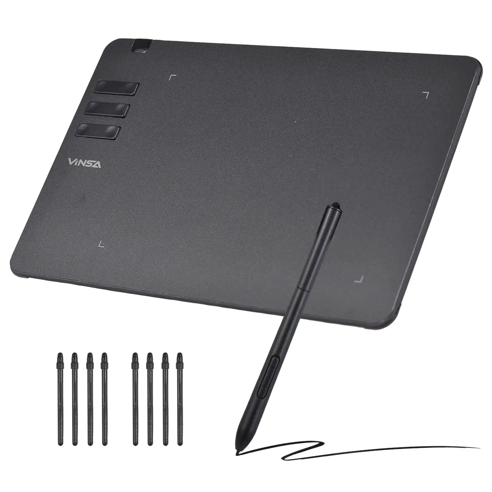 VINSA T1161 drawing tablet with battery-free stylus, black finish, 8192 pressure levels, 8 nibs