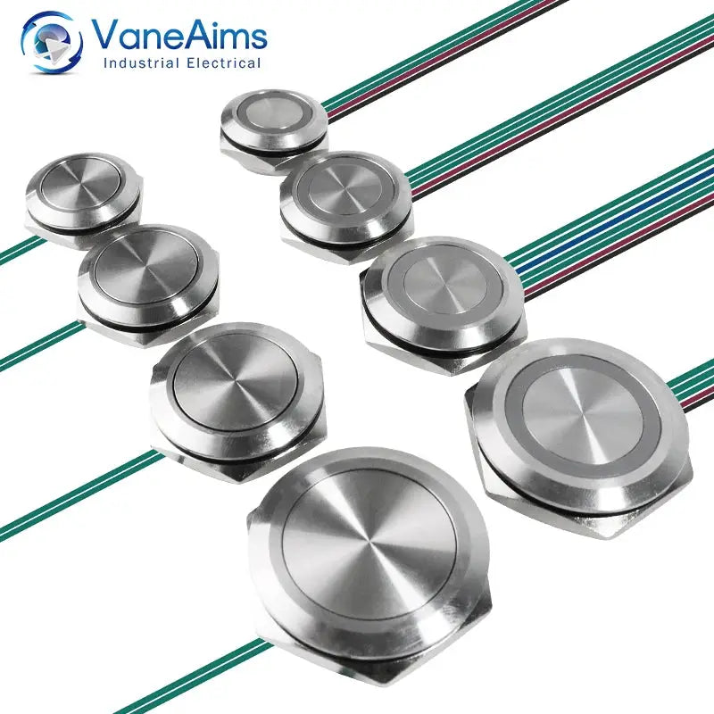 Push button switches, metal, 19–30 mm ultra-short, waterproof momentary, VaneAims, 7 pcs